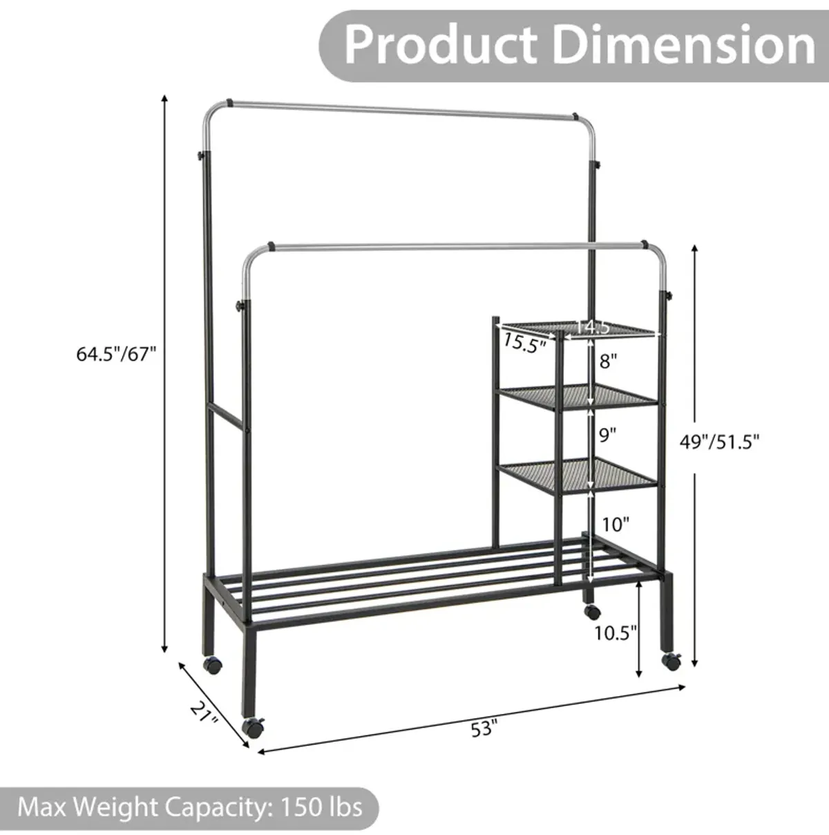 Rolling Double Rods Garment Rack with Height Adjustable Hanging Bars