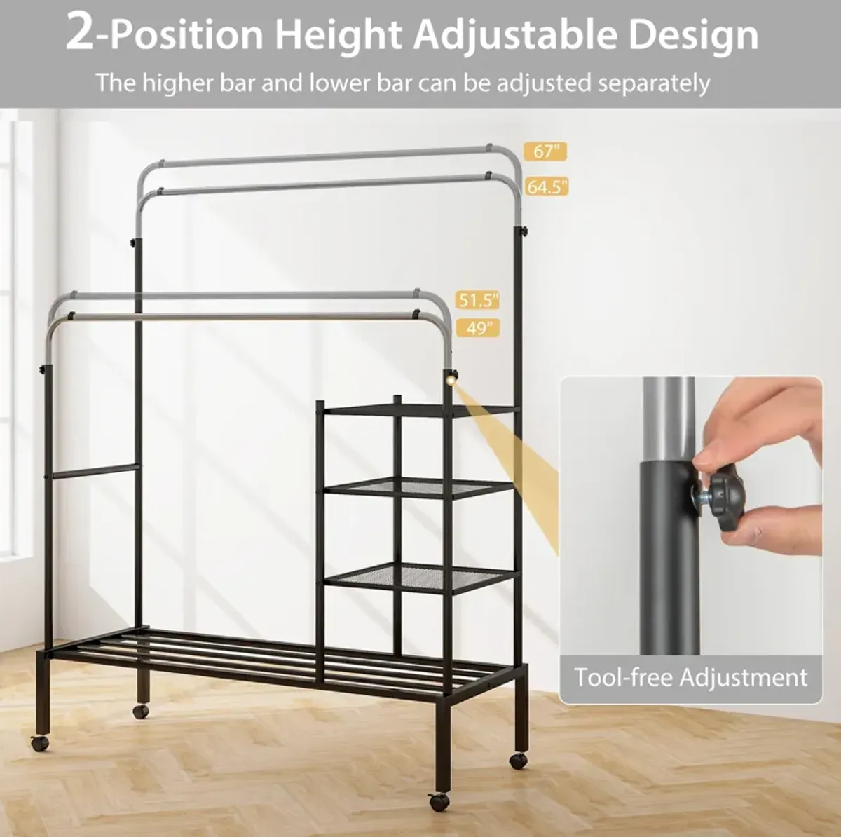 Rolling Double Rods Garment Rack with Height Adjustable Hanging Bars