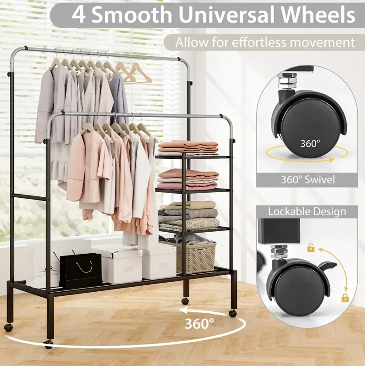 Rolling Double Rods Garment Rack with Height Adjustable Hanging Bars