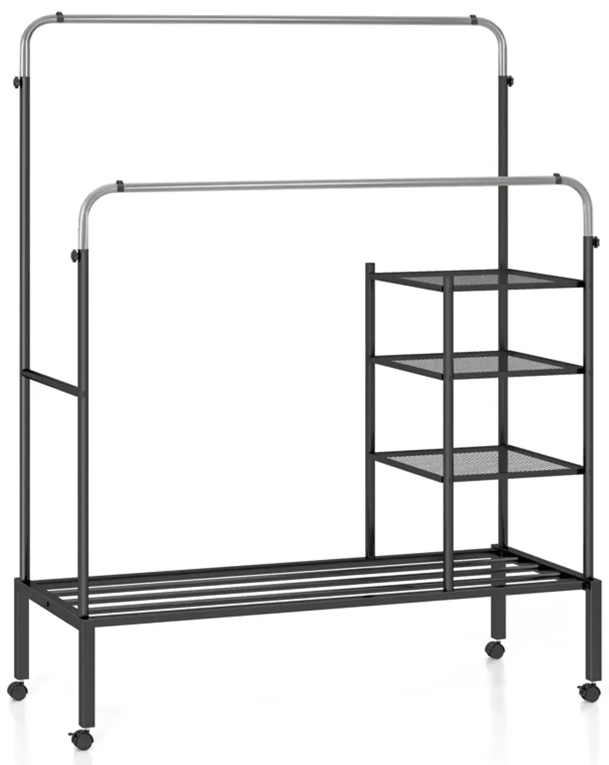 Rolling Double Rods Garment Rack with Height Adjustable Hanging Bars