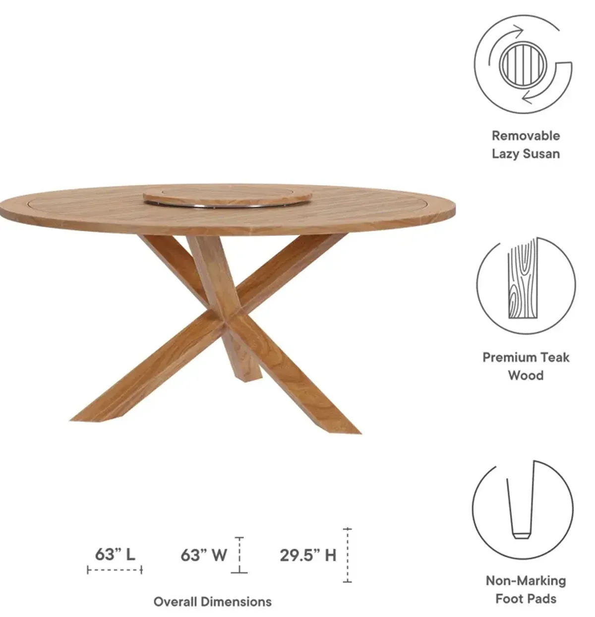 Modway - Wellspring 63" Outdoor Patio Teak Wood Dining Table Natural