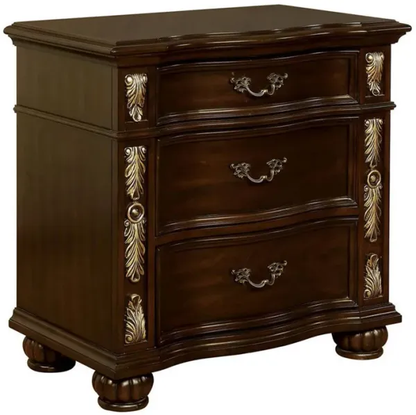 3 Drawer Wooden Nightstand with Decorative Accent and USB Plugin, Brown-Benzara