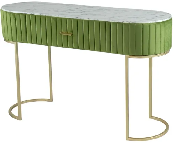 Jeah 47 Inch Console Table, 1 Drawer, Curved Gold Iron Base, Green Fabric
