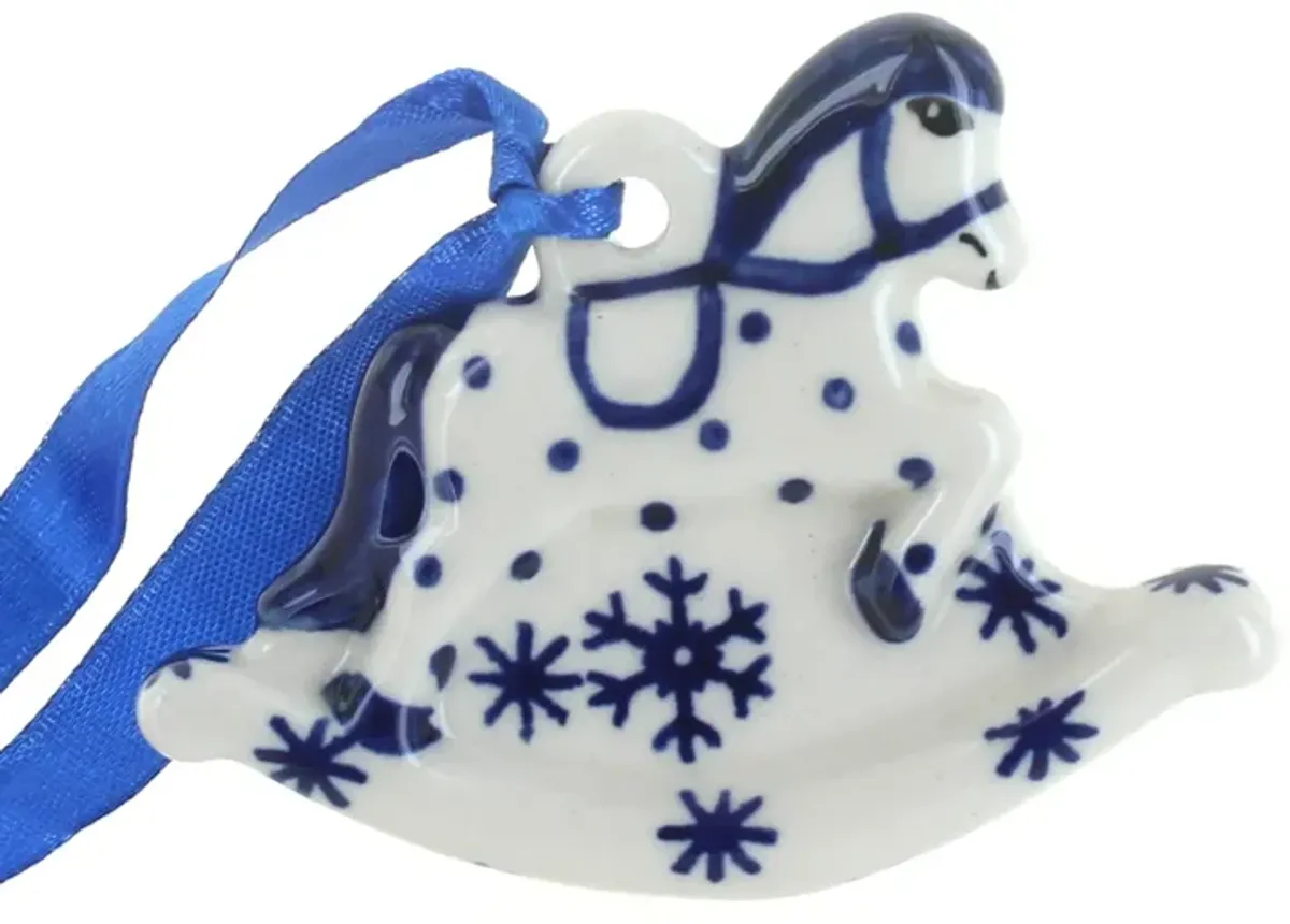 Blue Rose Polish Pottery Red Daisy Rocking Horse Ornament
