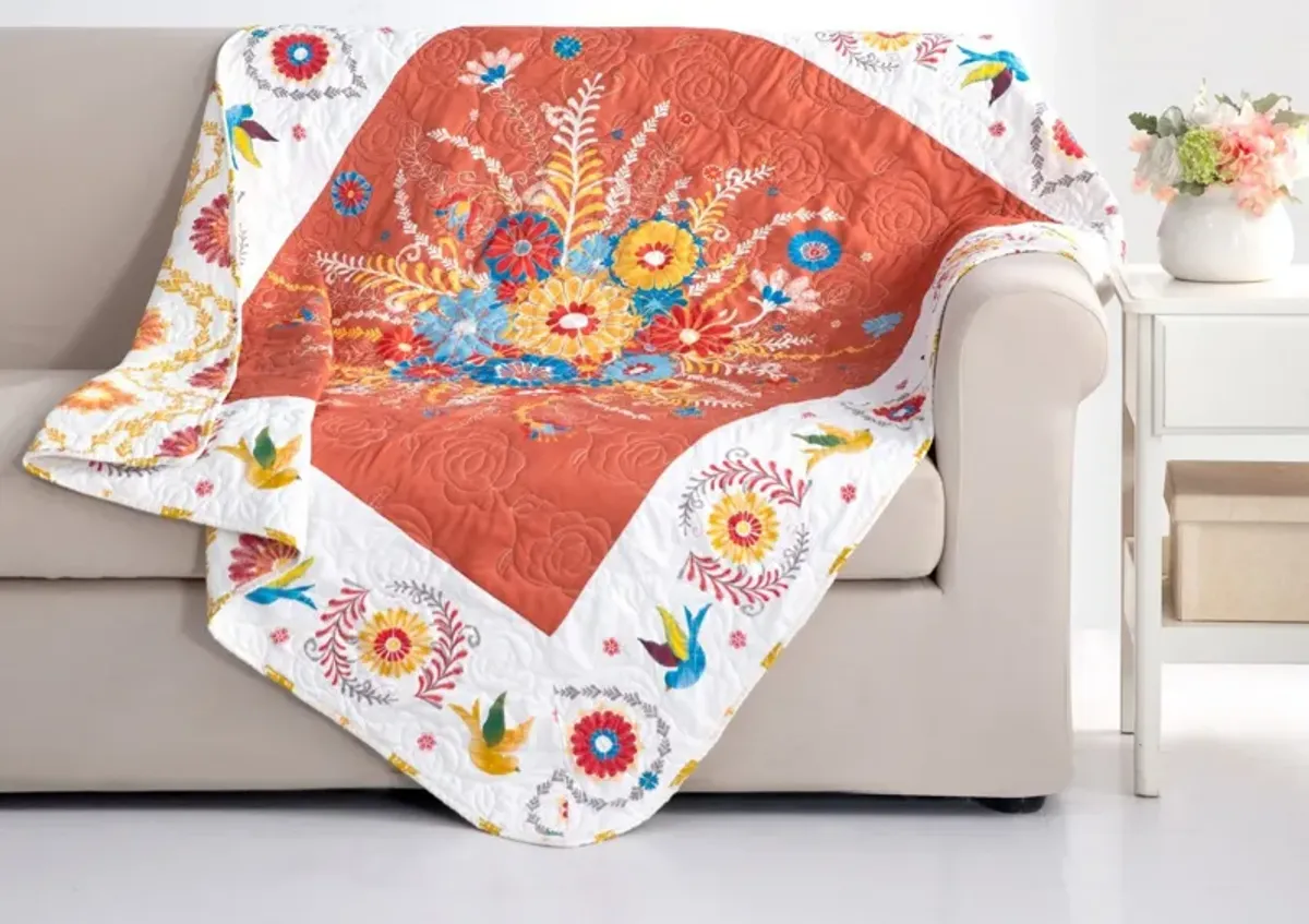 50 x 60 Inch Quilted Throw Blanket with Fill, Floral Print, Multicolor - Benzara