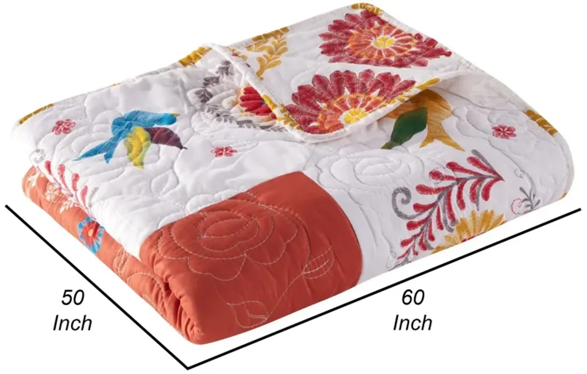 50 x 60 Inch Quilted Throw Blanket with Fill, Floral Print, Multicolor - Benzara