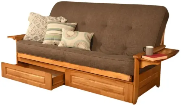 Phoenix Frame Queen-Butternut Finish-Linen Cocoa Mattress-Storage Drawers