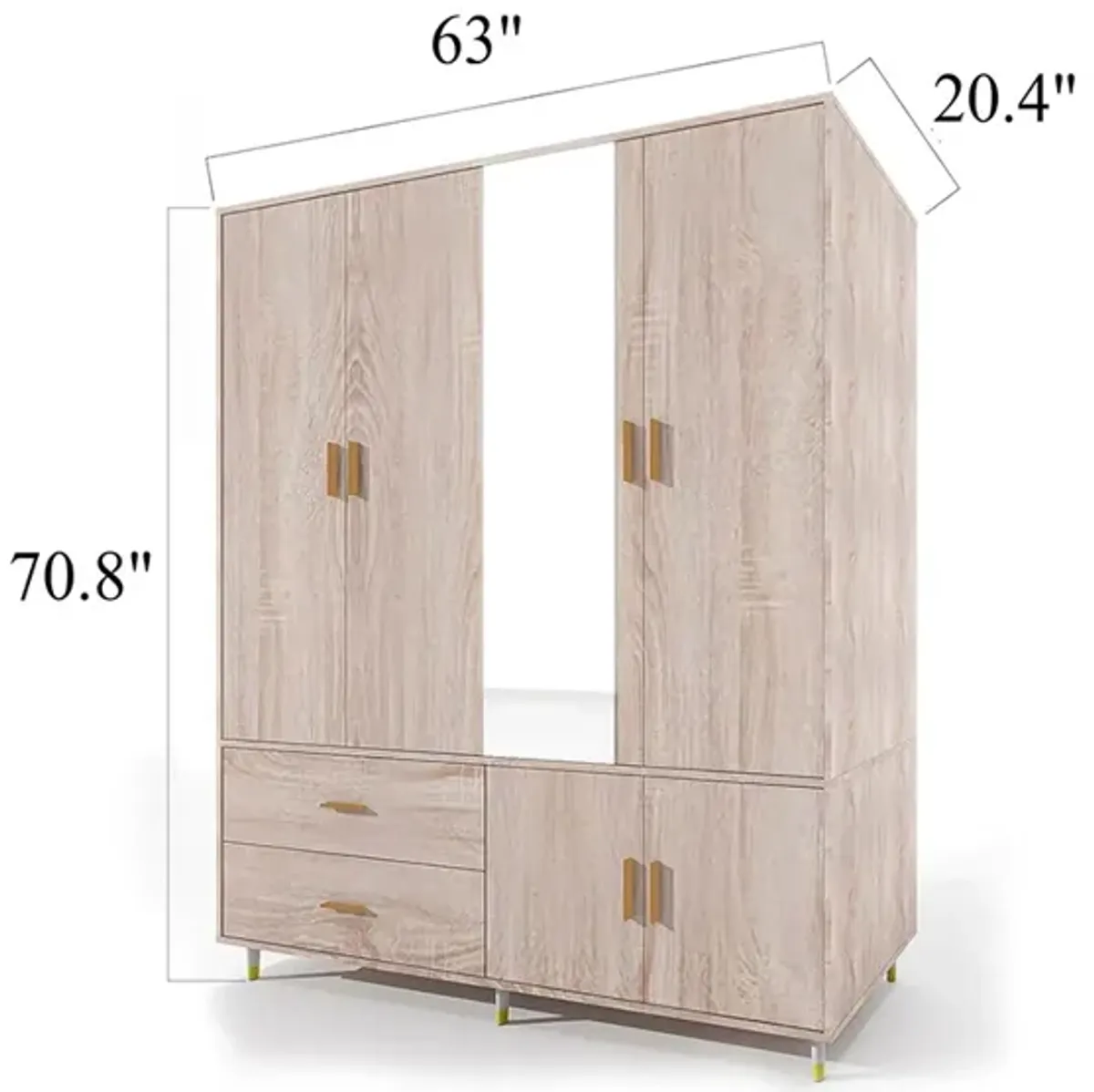 Tall Armoire Wardrobe Closet Storage Cabinet with 4 Doors, 2 Hanging Rods, 2 Drawers and Mirror for Clothes Organization Shelving, Bedroom Armoire