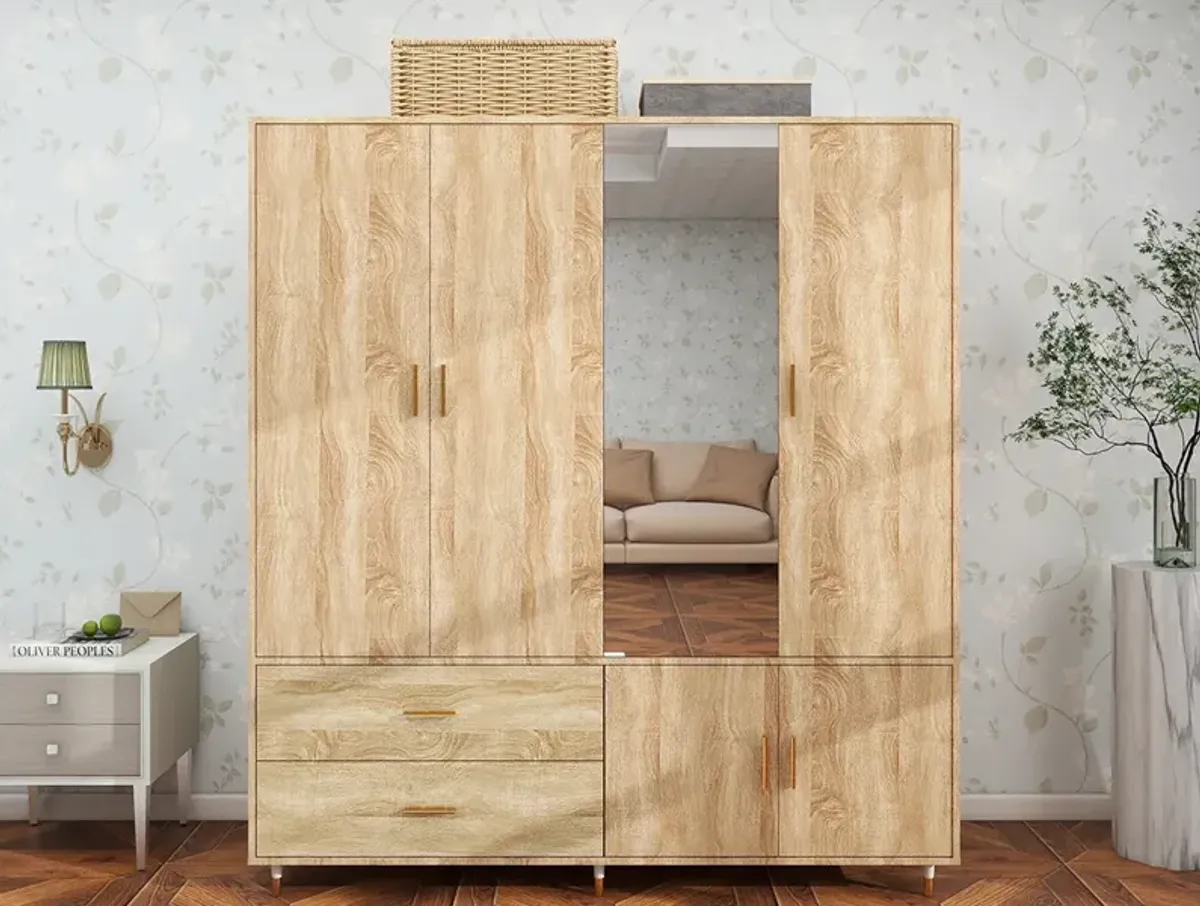 Tall Armoire Wardrobe Closet Storage Cabinet with 4 Doors, 2 Hanging Rods, 2 Drawers and Mirror for Clothes Organization Shelving, Bedroom Armoire