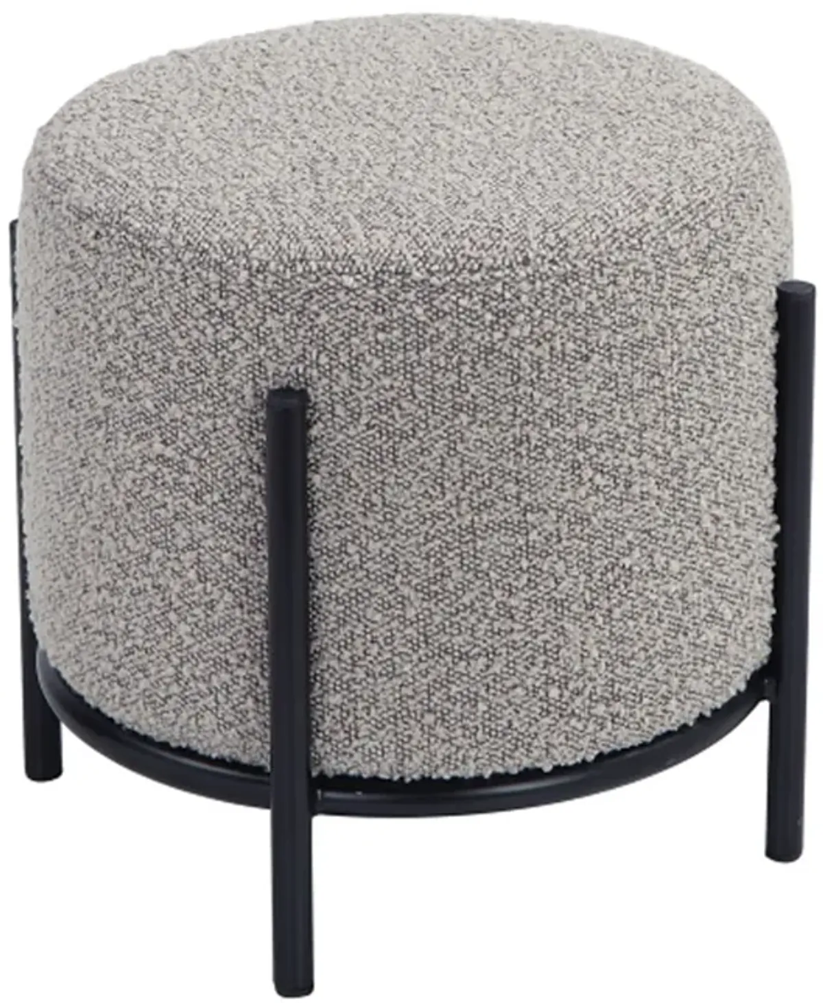 Aop 13 Inch Boucle Ottoman Stool, Round Cushioned Seat, Gray Boucle, Black - Benzara