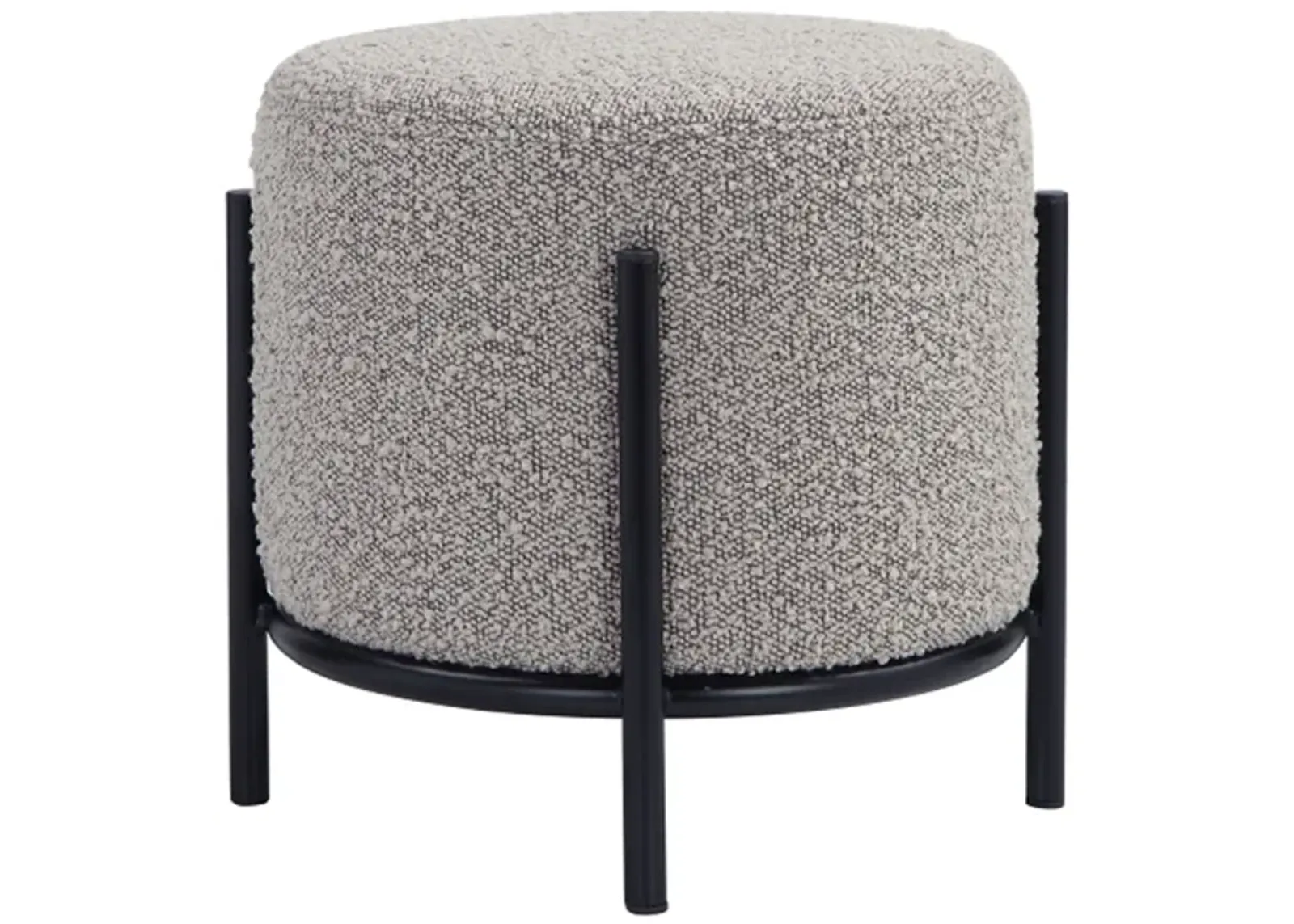 Aop 13 Inch Boucle Ottoman Stool, Round Cushioned Seat, Gray Boucle, Black - Benzara