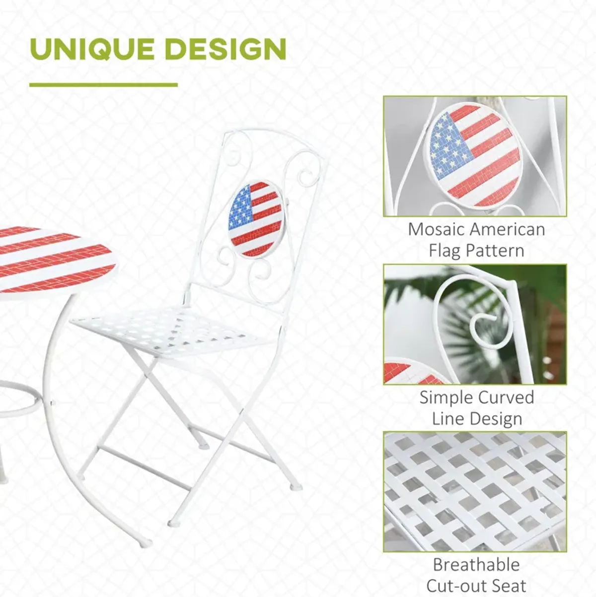 White Patriotic Bistro: 3-Piece American Flag Mosaic Folding Set