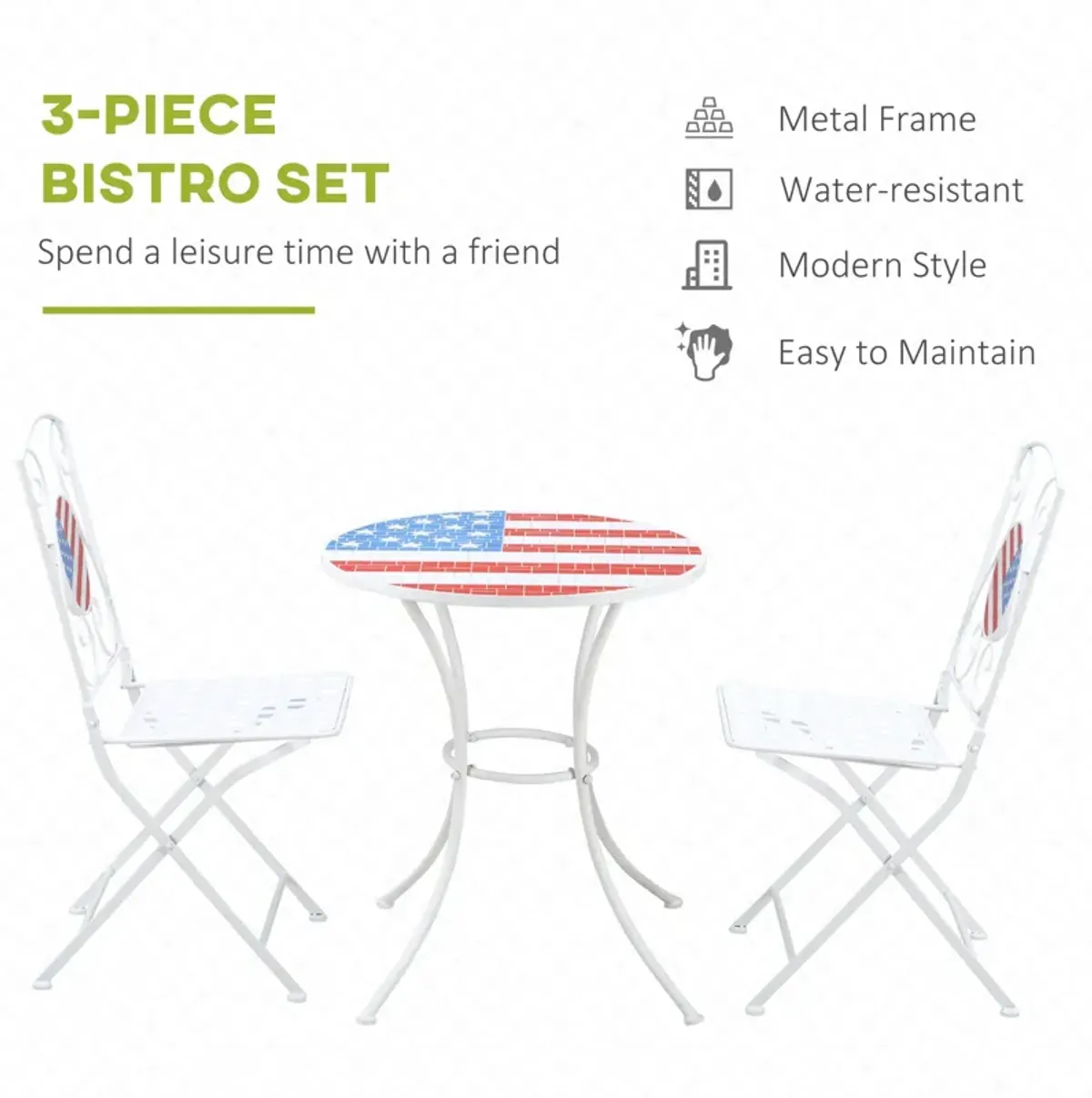 White Patriotic Bistro: 3-Piece American Flag Mosaic Folding Set