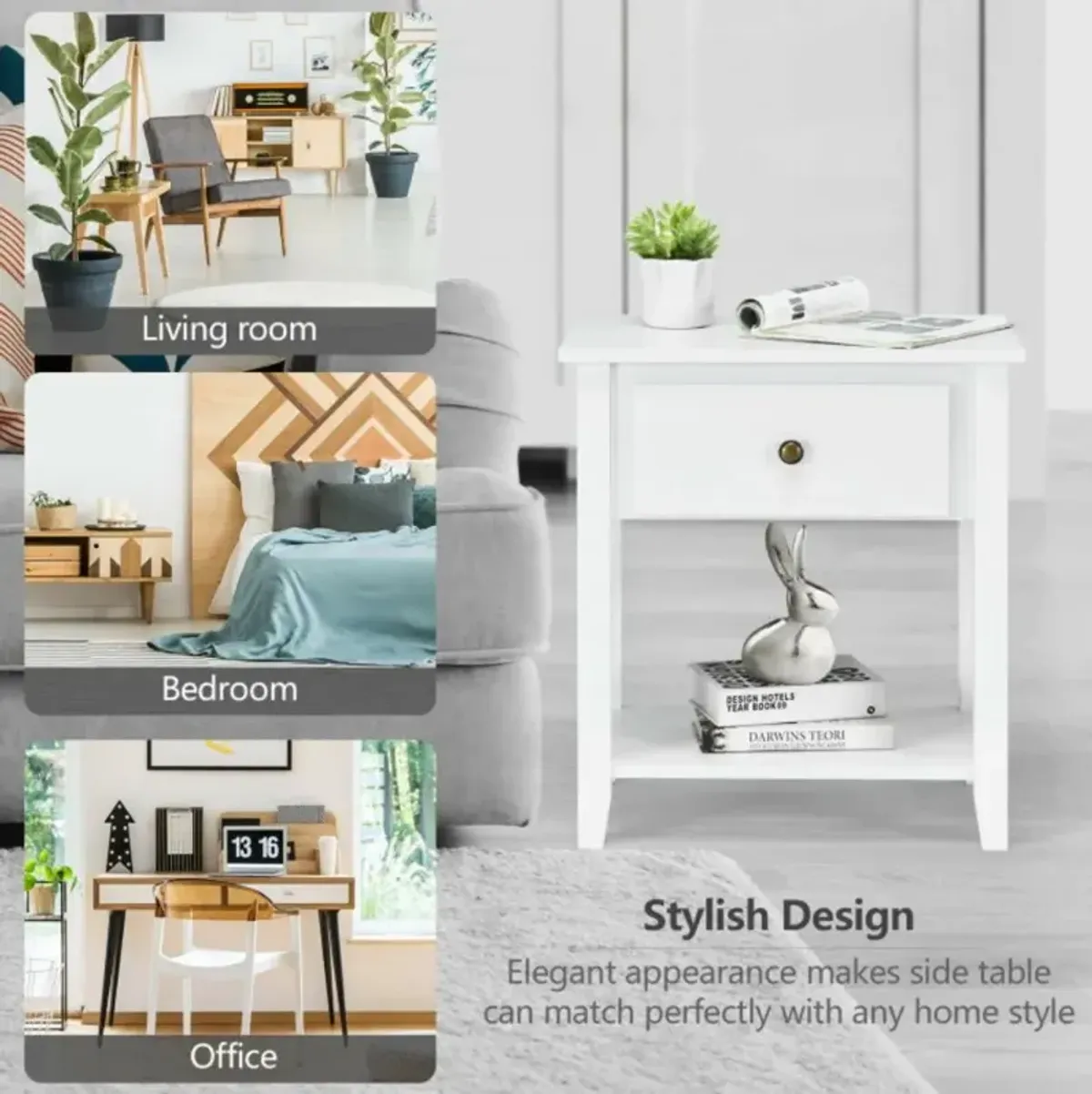 Nightstand with Drawer and Storage Shelf for Bedroom Living Room