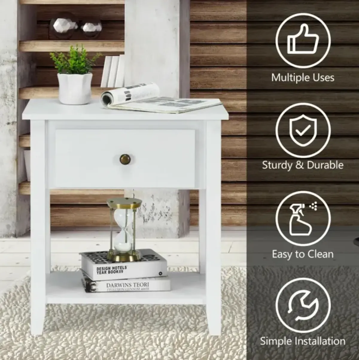 Nightstand with Drawer and Storage Shelf for Bedroom Living Room