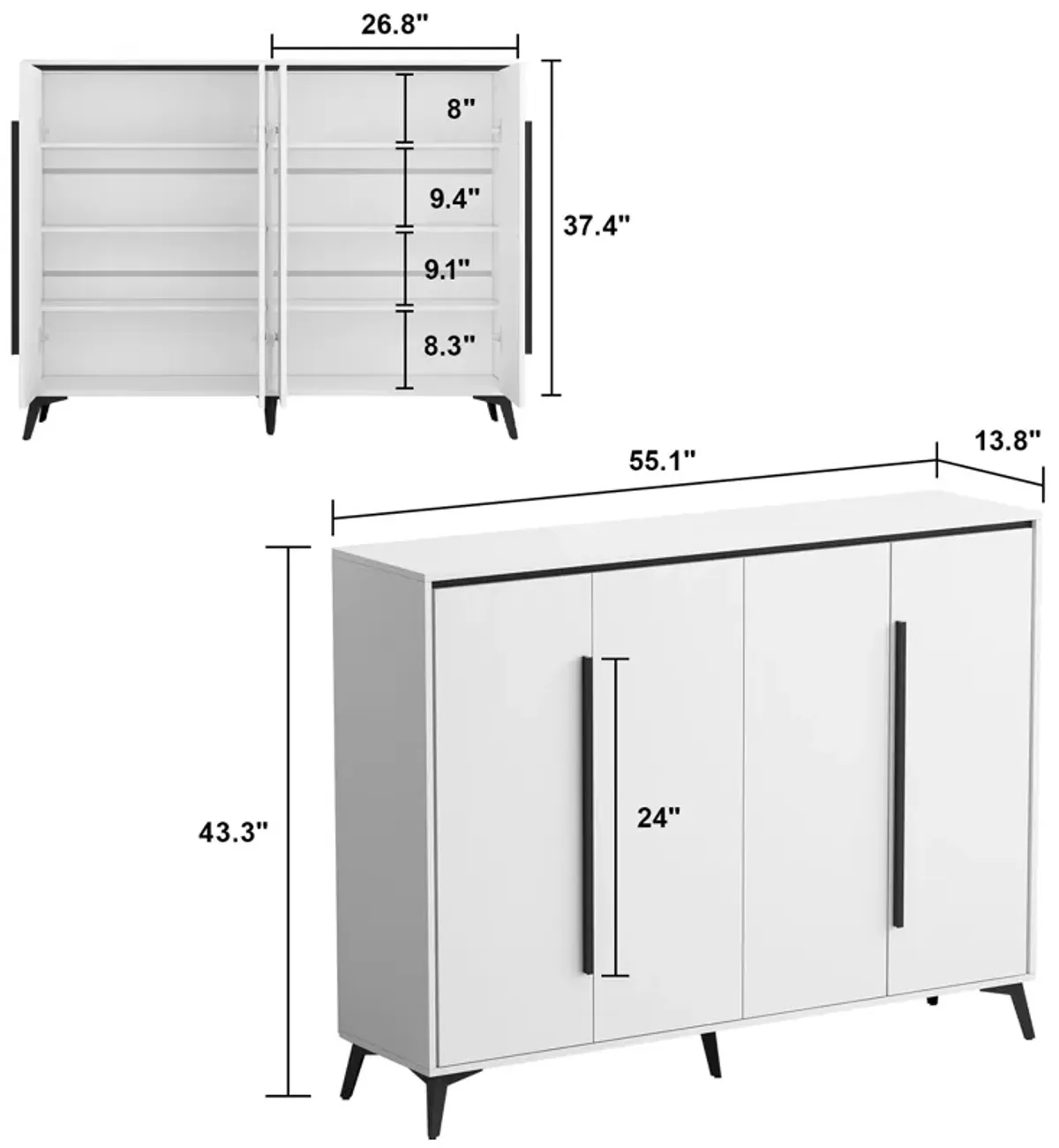 FUFU&GAGA White Shoe Cabinet with Adjustable Shelves, 4 Tiers, 24 Pair Shoe Capacity, 55.1-in Width, 43.3-in Height