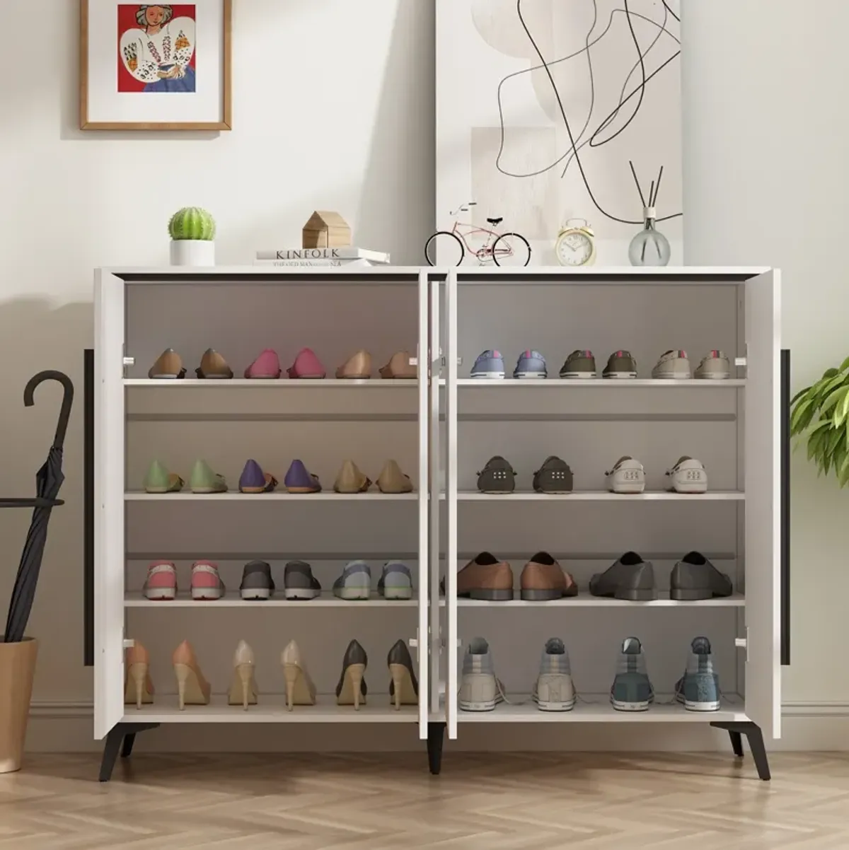 FUFU&GAGA White Shoe Cabinet with Adjustable Shelves, 4 Tiers, 24 Pair Shoe Capacity, 55.1-in Width, 43.3-in Height