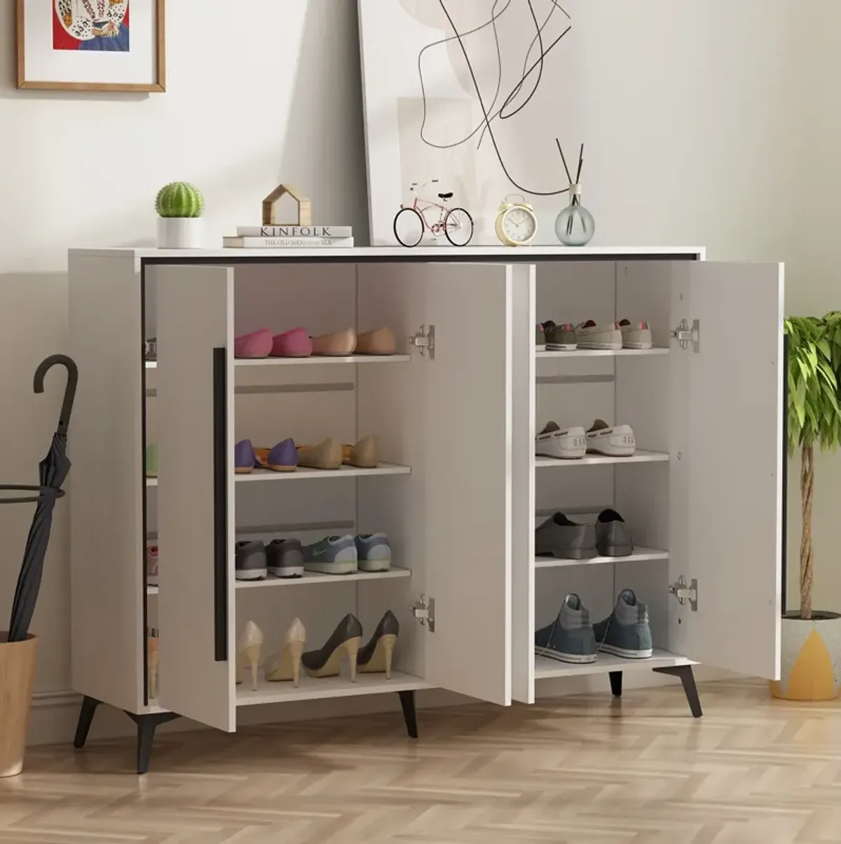 FUFU&GAGA White Shoe Cabinet with Adjustable Shelves, 4 Tiers, 24 Pair Shoe Capacity, 55.1-in Width, 43.3-in Height