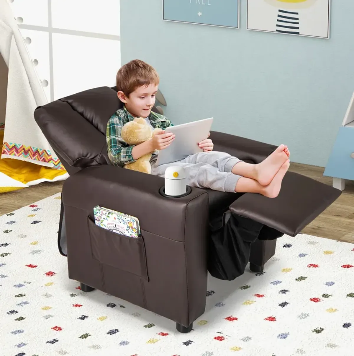 Kids Recliner Chair for Toddlers with Cup Holder and Side Pocket for Storage