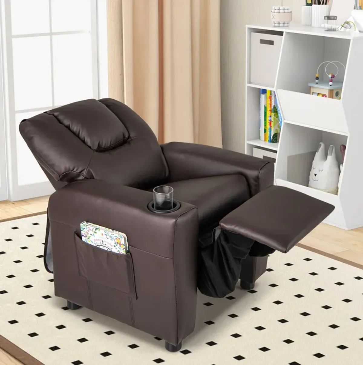 Kids Recliner Chair for Toddlers with Cup Holder and Side Pocket for Storage