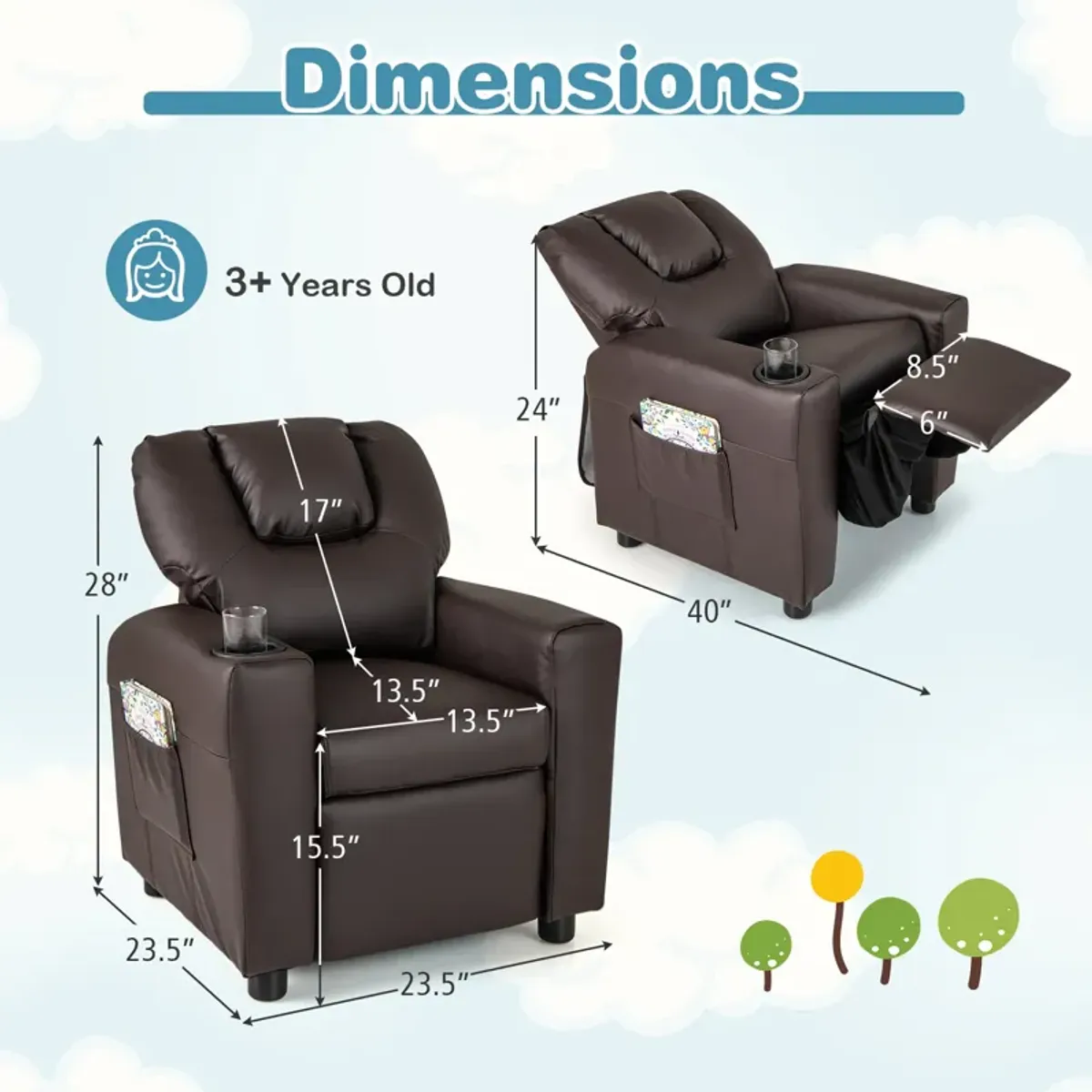 Kids Recliner Chair for Toddlers with Cup Holder and Side Pocket for Storage