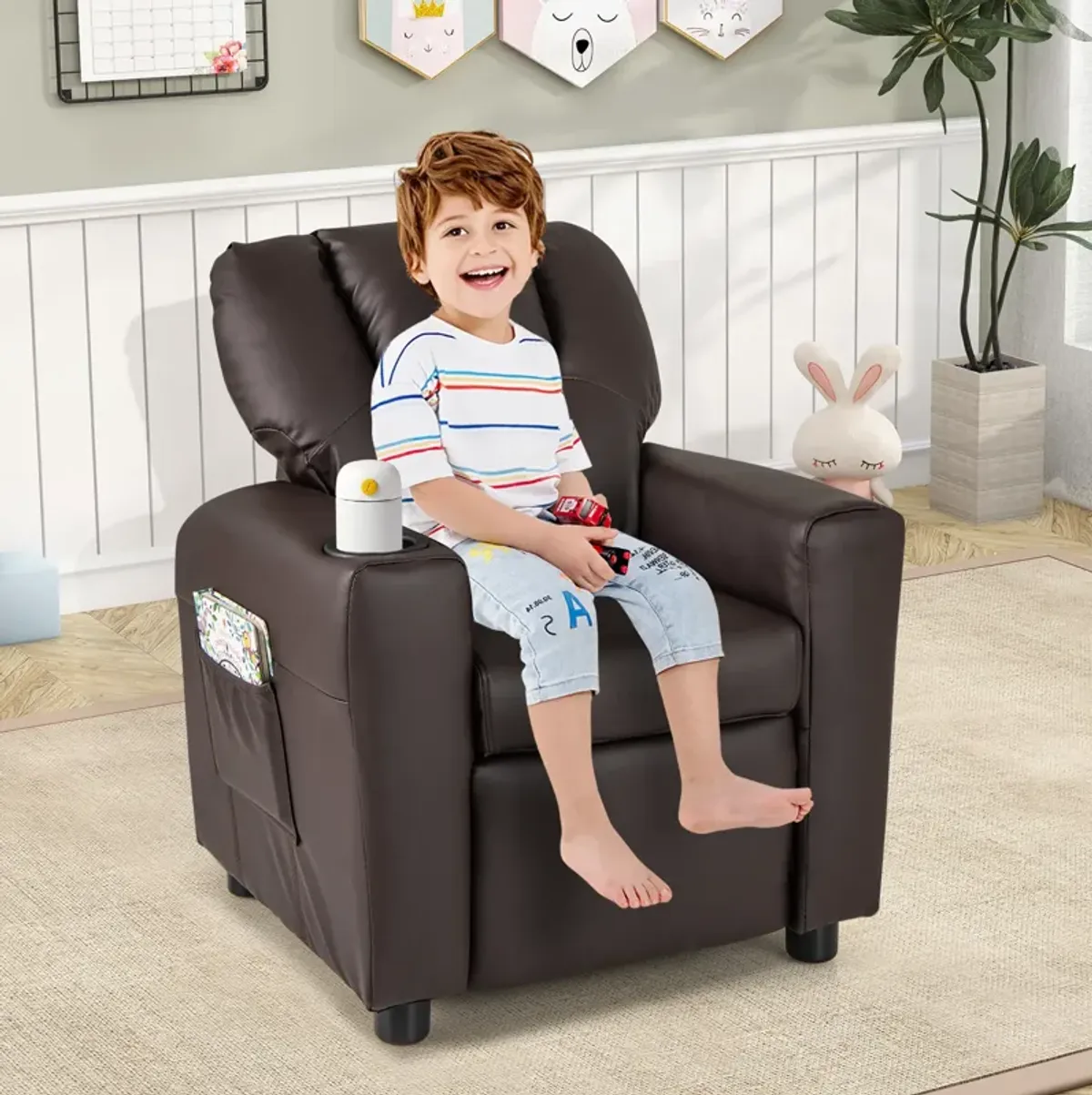 Kids Recliner Chair for Toddlers with Cup Holder and Side Pocket for Storage