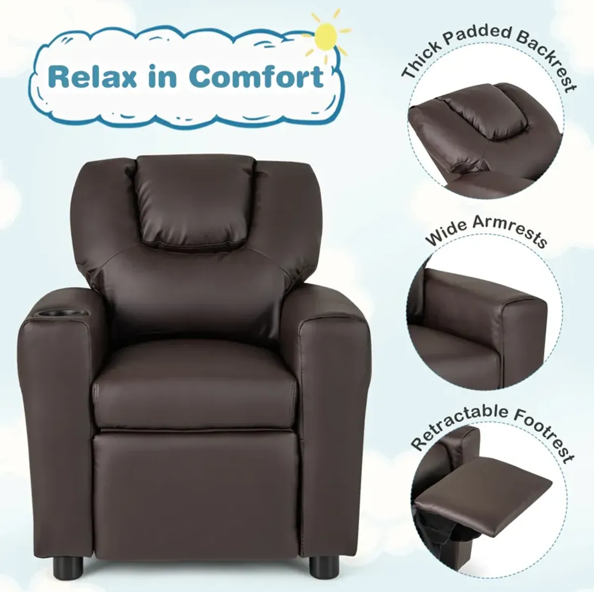 Kids Recliner Chair for Toddlers with Cup Holder and Side Pocket for Storage