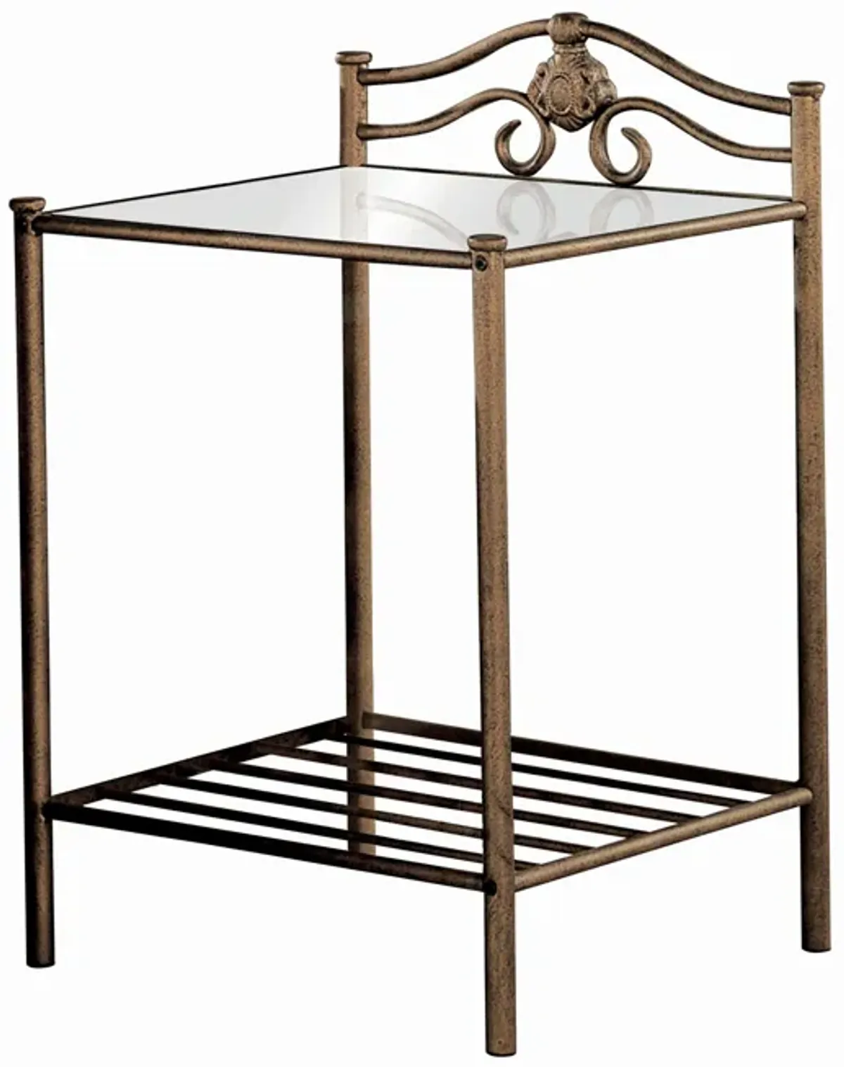 Kish 32 Inch 2 Shelf Nightstand, Tempered Glass Top, Brushed Antique Gold - Benzara