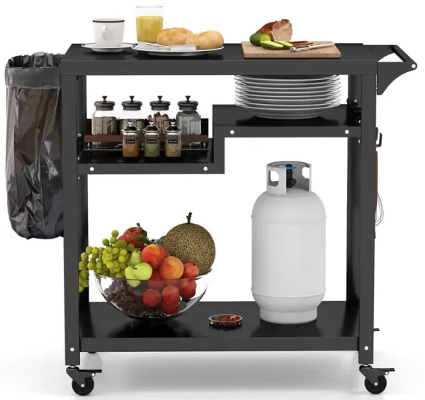 Rolling Grill Cart 3-Shelf BBQ Cart with Hooks and Side Handle-Black