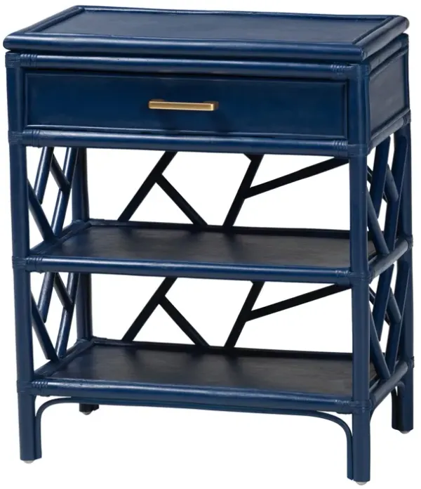 bali & pari Daina Natural Rattan Nightstand with Drawer and Open Shelves– Coastal Bedside Table with Geometric Design, Blue