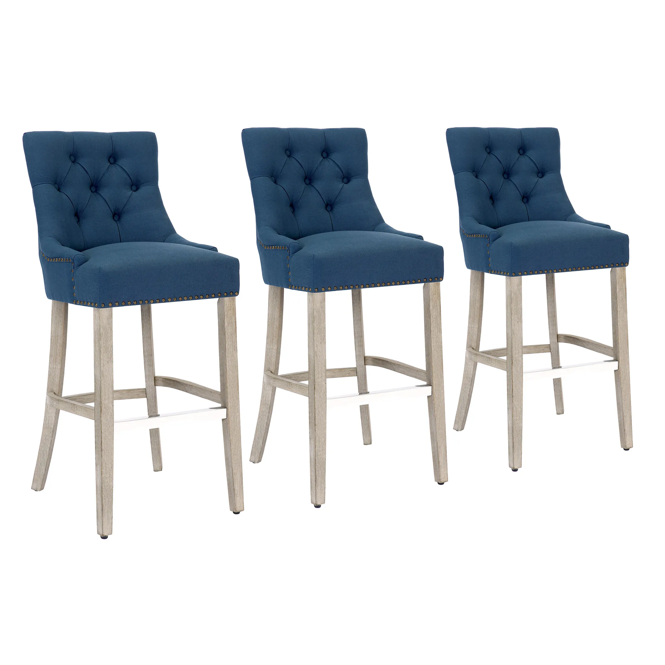 WestinTrends 29" Linen Fabric Tufted Upholstered Bar Stool (Set of 3), Antique Grey