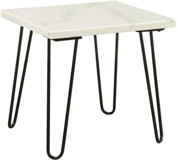 Marble Top End Table with Hairpin Style Metal Legs, White and Black-Benzara