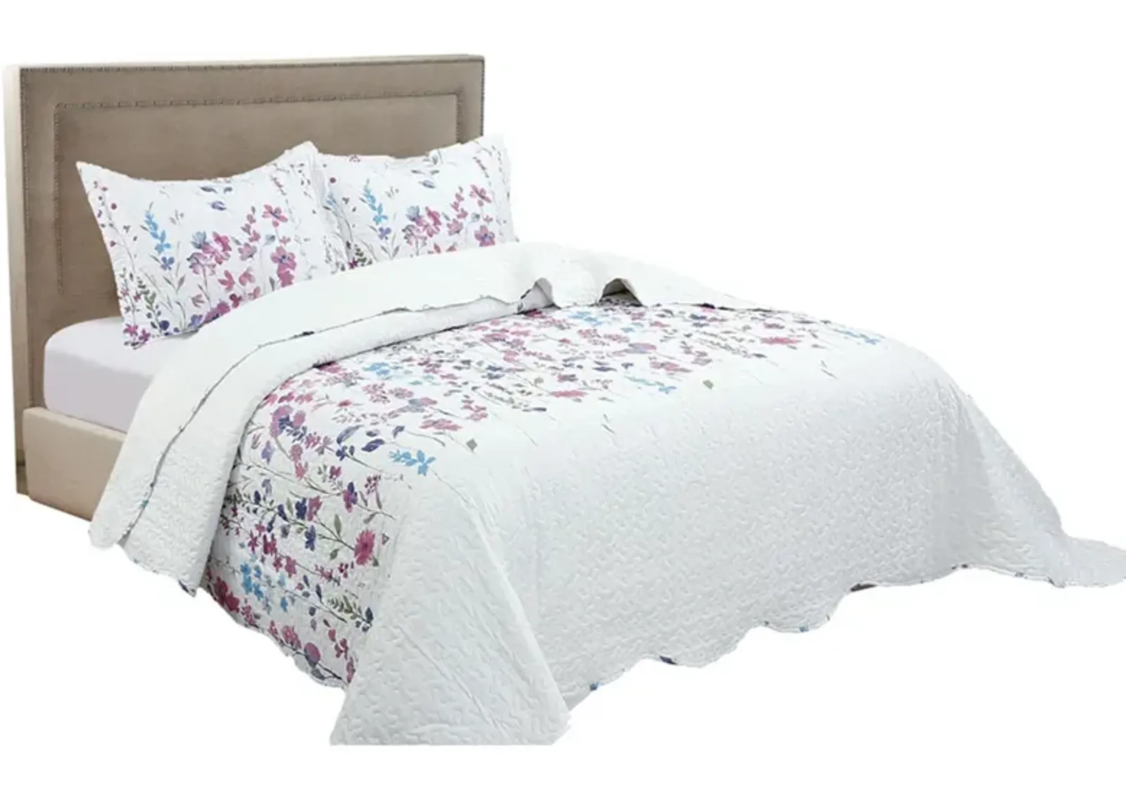 3 PCS Quilt Bedspread Coverlet White Floral Design Microfiber Full Size