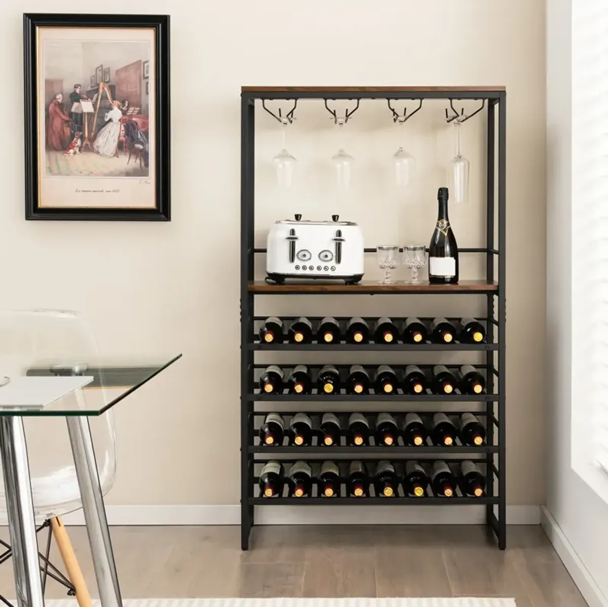 Freestanding Wine Bakers Rack with 4-Tier Wine Storage and 4 Rows of Stemware Racks