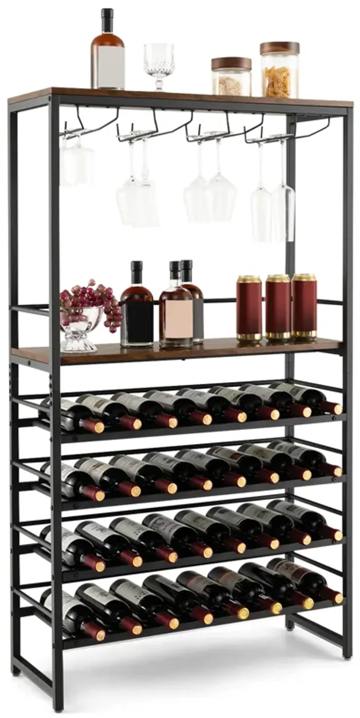 Freestanding Wine Bakers Rack with 4-Tier Wine Storage and 4 Rows of Stemware Racks