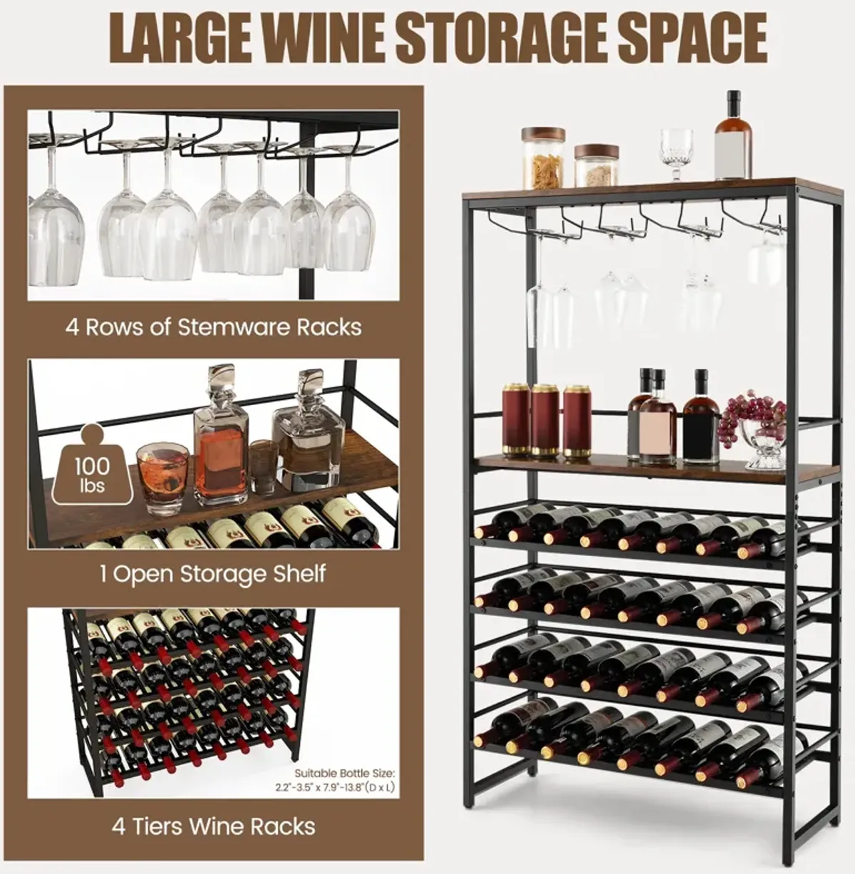 Freestanding Wine Bakers Rack with 4-Tier Wine Storage and 4 Rows of Stemware Racks