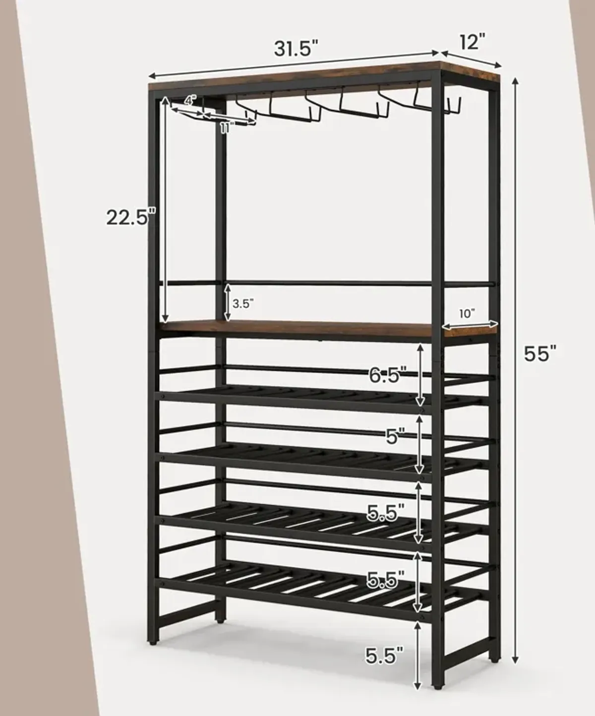 Freestanding Wine Bakers Rack with 4-Tier Wine Storage and 4 Rows of Stemware Racks