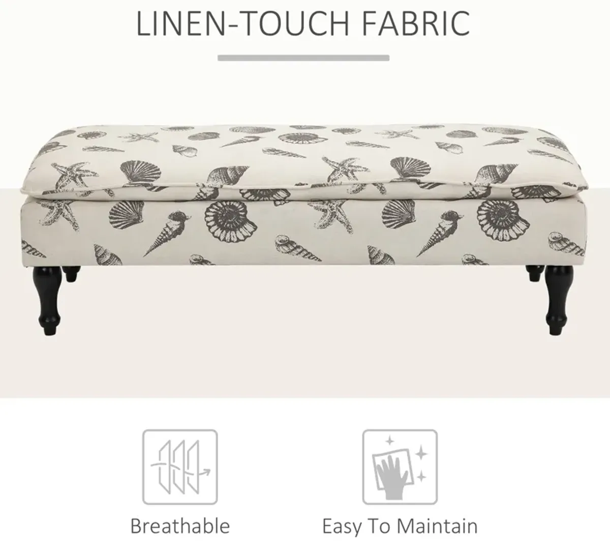 Beige Bedroom Bench: Linen-Touch Ottoman with Seashell Design