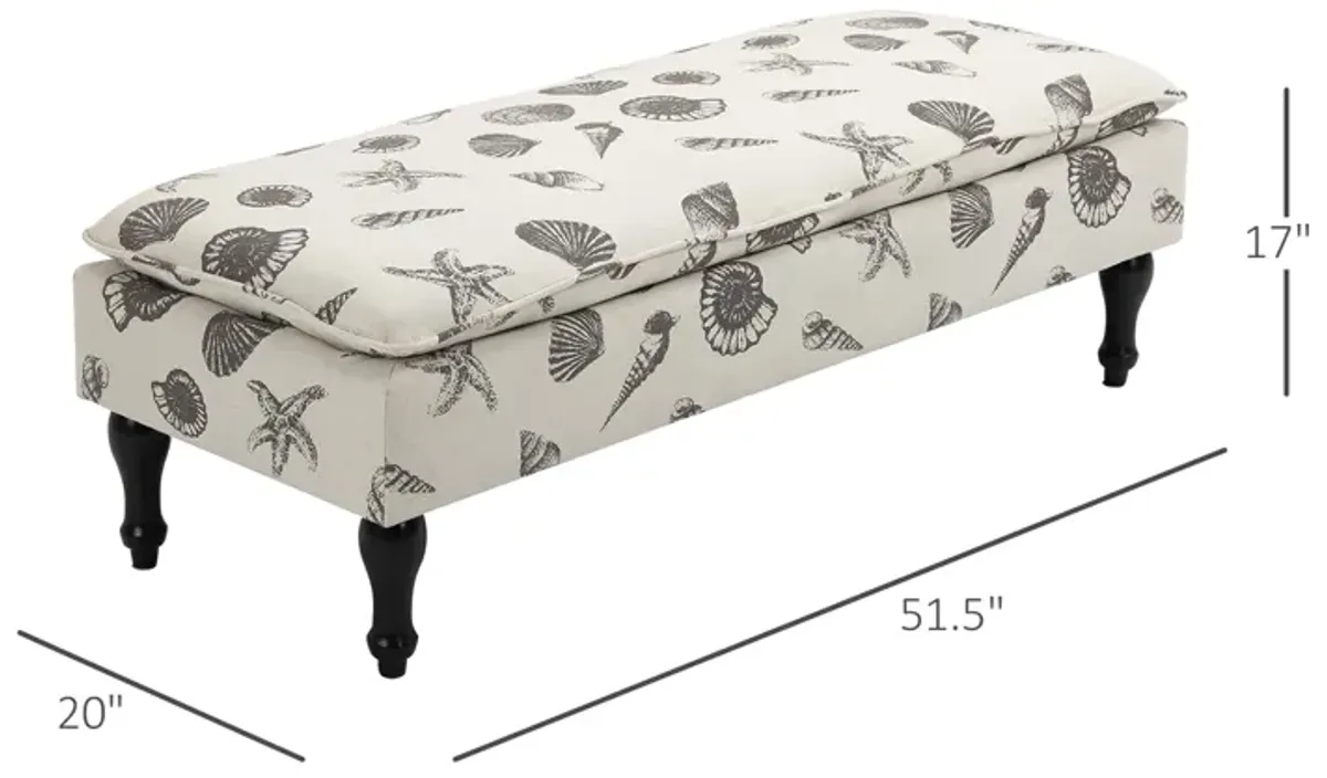 Beige Bedroom Bench: Linen-Touch Ottoman with Seashell Design