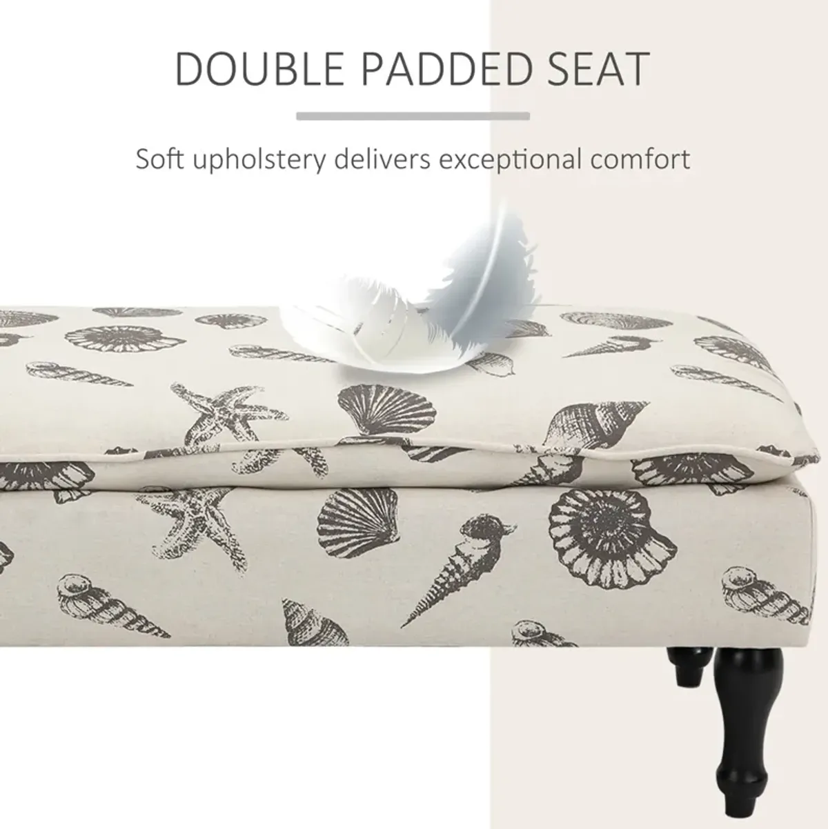 Beige Bedroom Bench: Linen-Touch Ottoman with Seashell Design