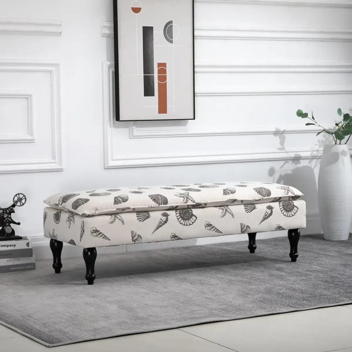 Beige Bedroom Bench: Linen-Touch Ottoman with Seashell Design