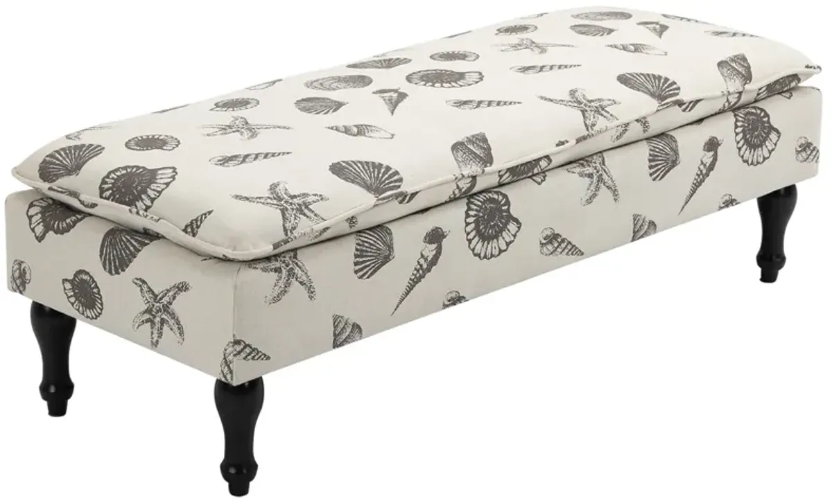 Beige Bedroom Bench: Linen-Touch Ottoman with Seashell Design