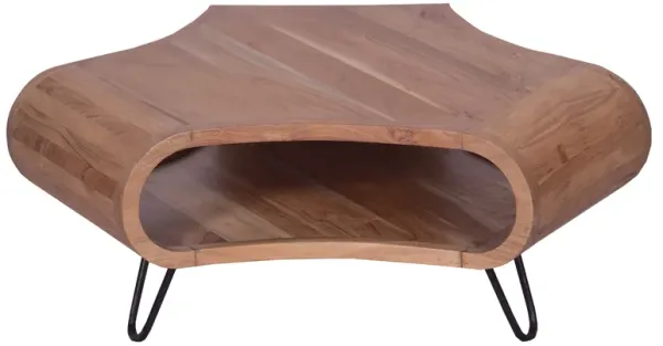 37 Inch Coffee Table, Handcrafted Curved Hexagon Shape with Open Shelf, Natural Brown Acacia Wood, Iron Legs - Benzara