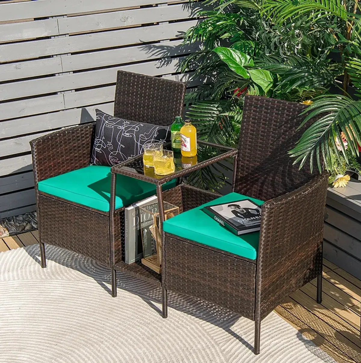 Patio Rattan Wicker Conversation Set Sofa Cushioned Loveseat Glass Table