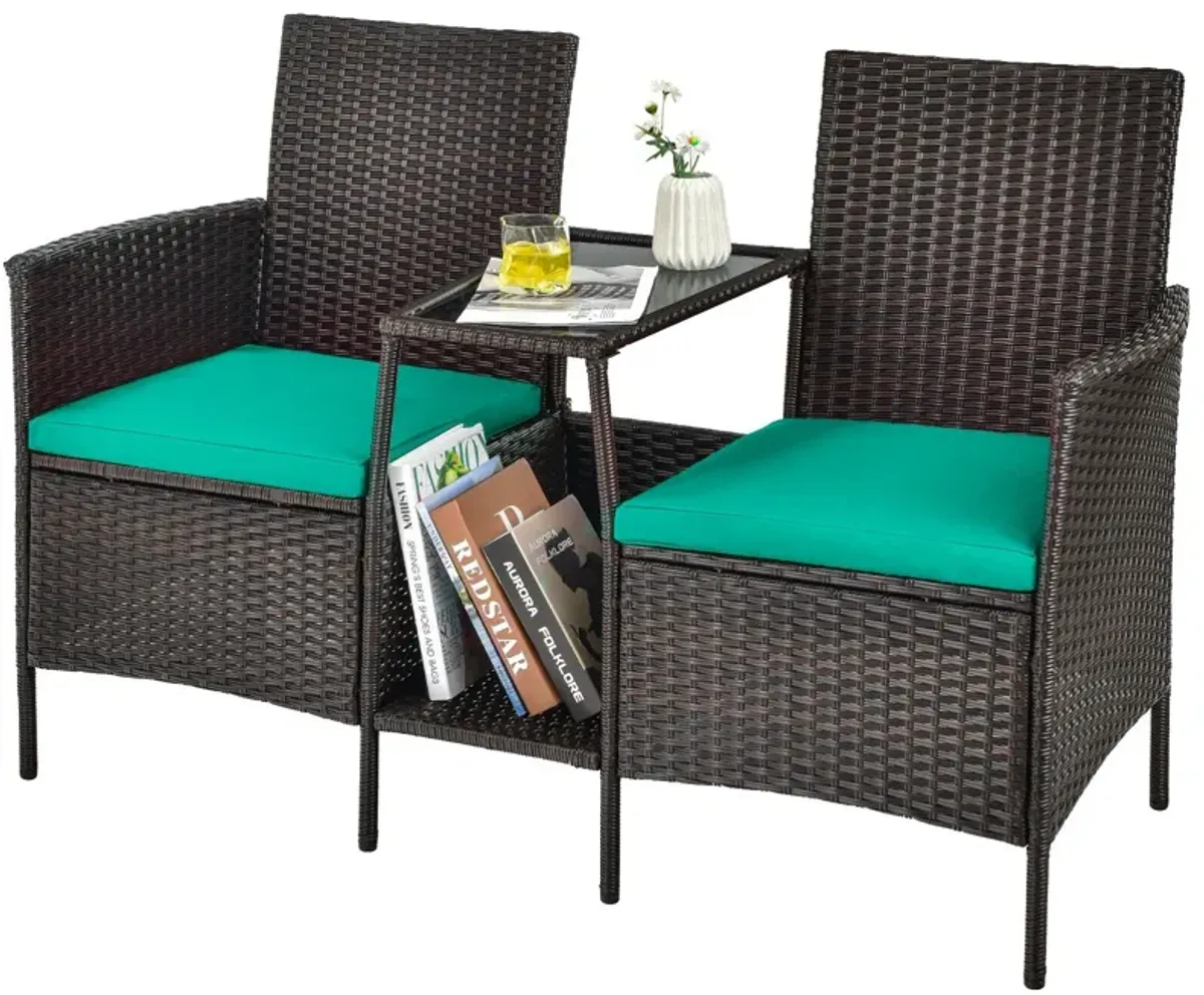 Patio Rattan Wicker Conversation Set Sofa Cushioned Loveseat Glass Table