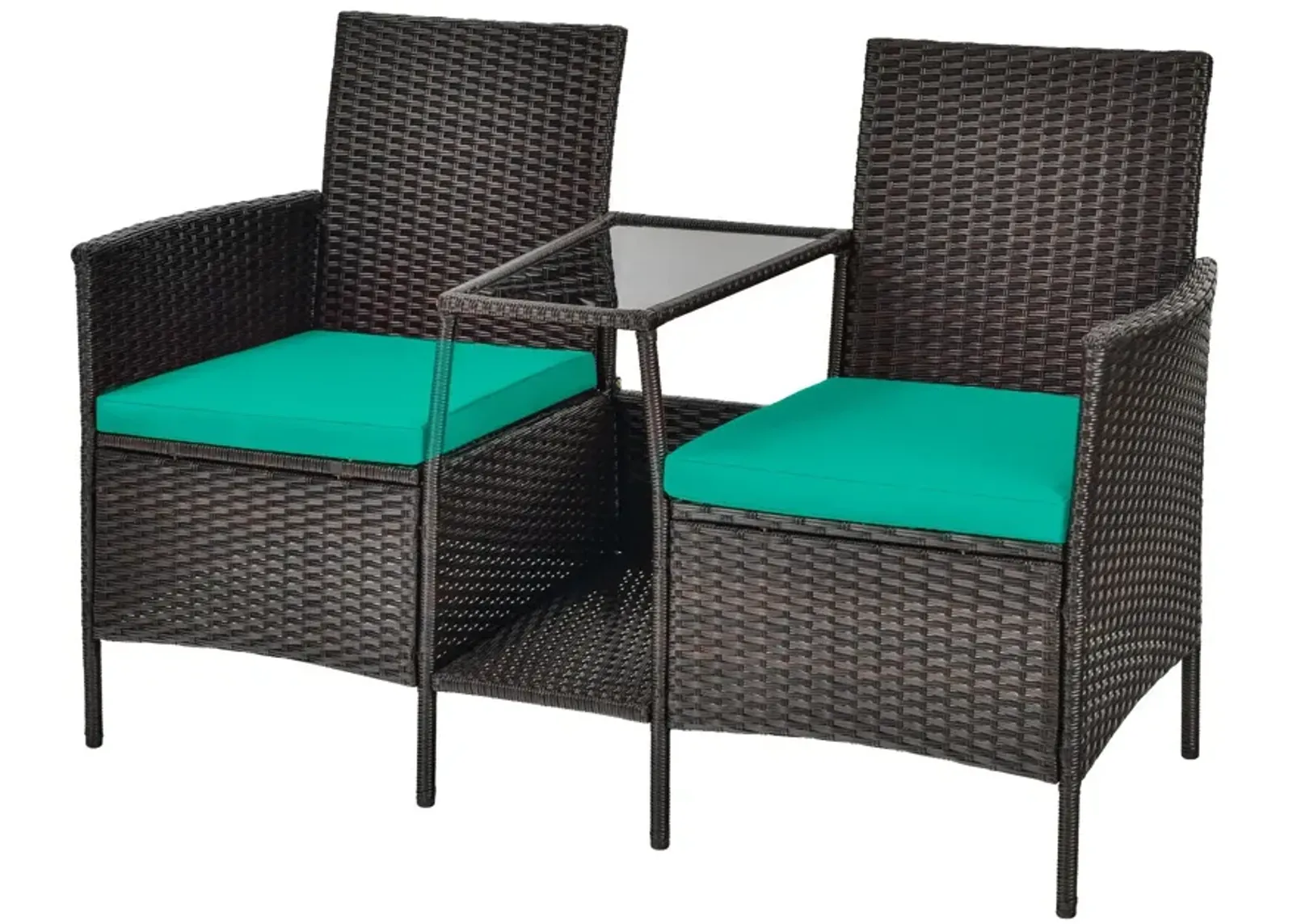 Patio Rattan Wicker Conversation Set Sofa Cushioned Loveseat Glass Table