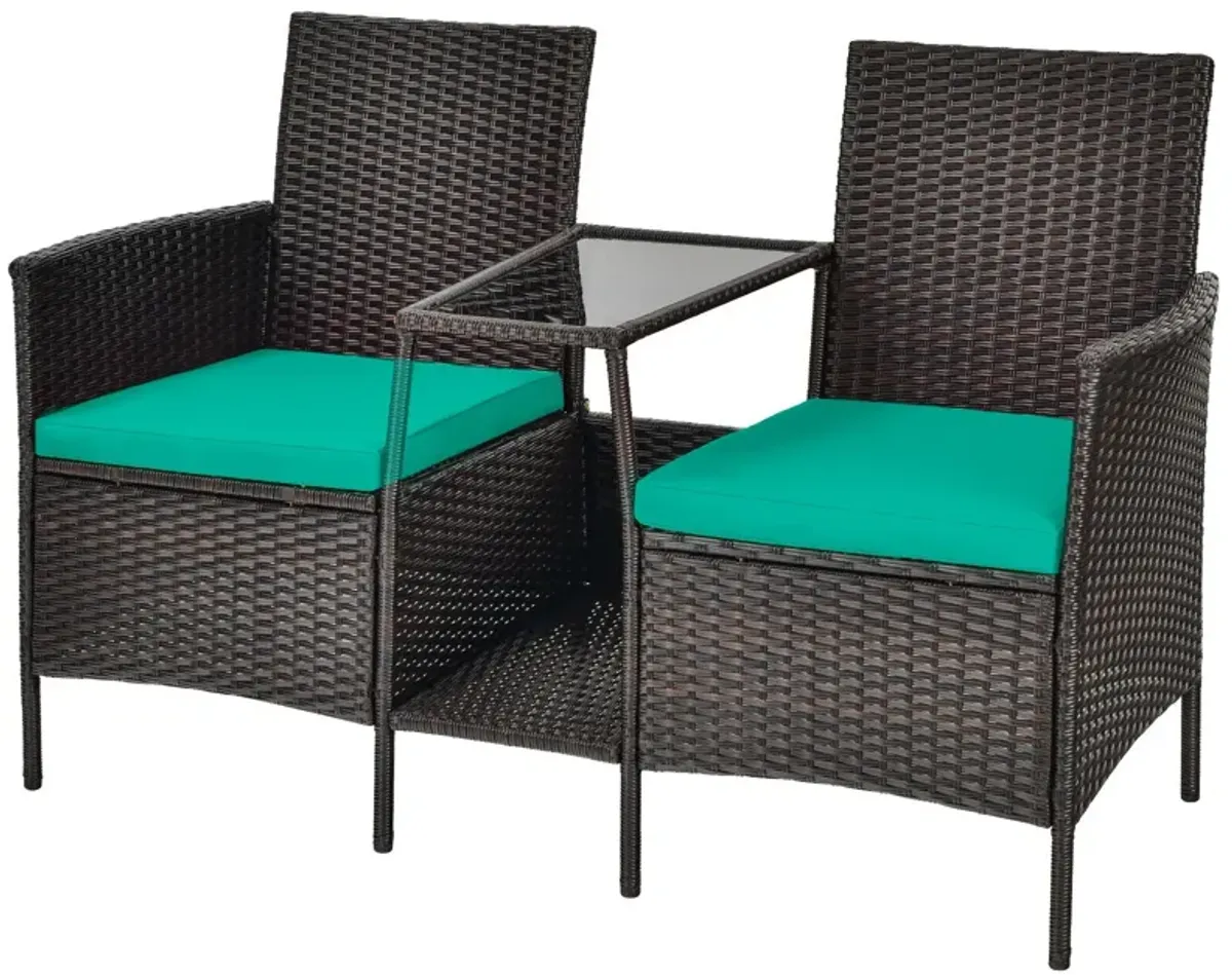 Patio Rattan Wicker Conversation Set Sofa Cushioned Loveseat Glass Table