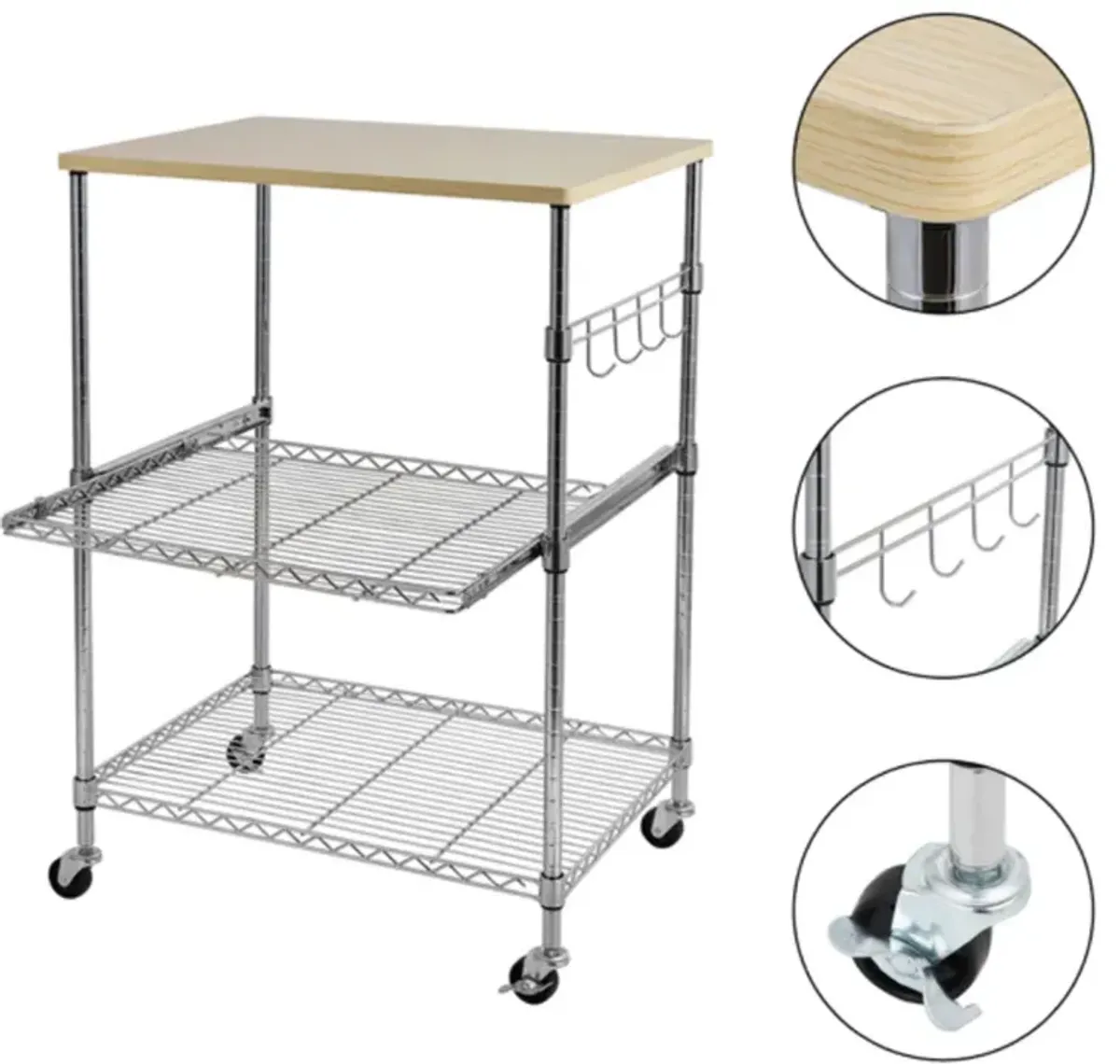 3-Tier Rolling Wire Kitchen Cart, Utility Storage with Wheels