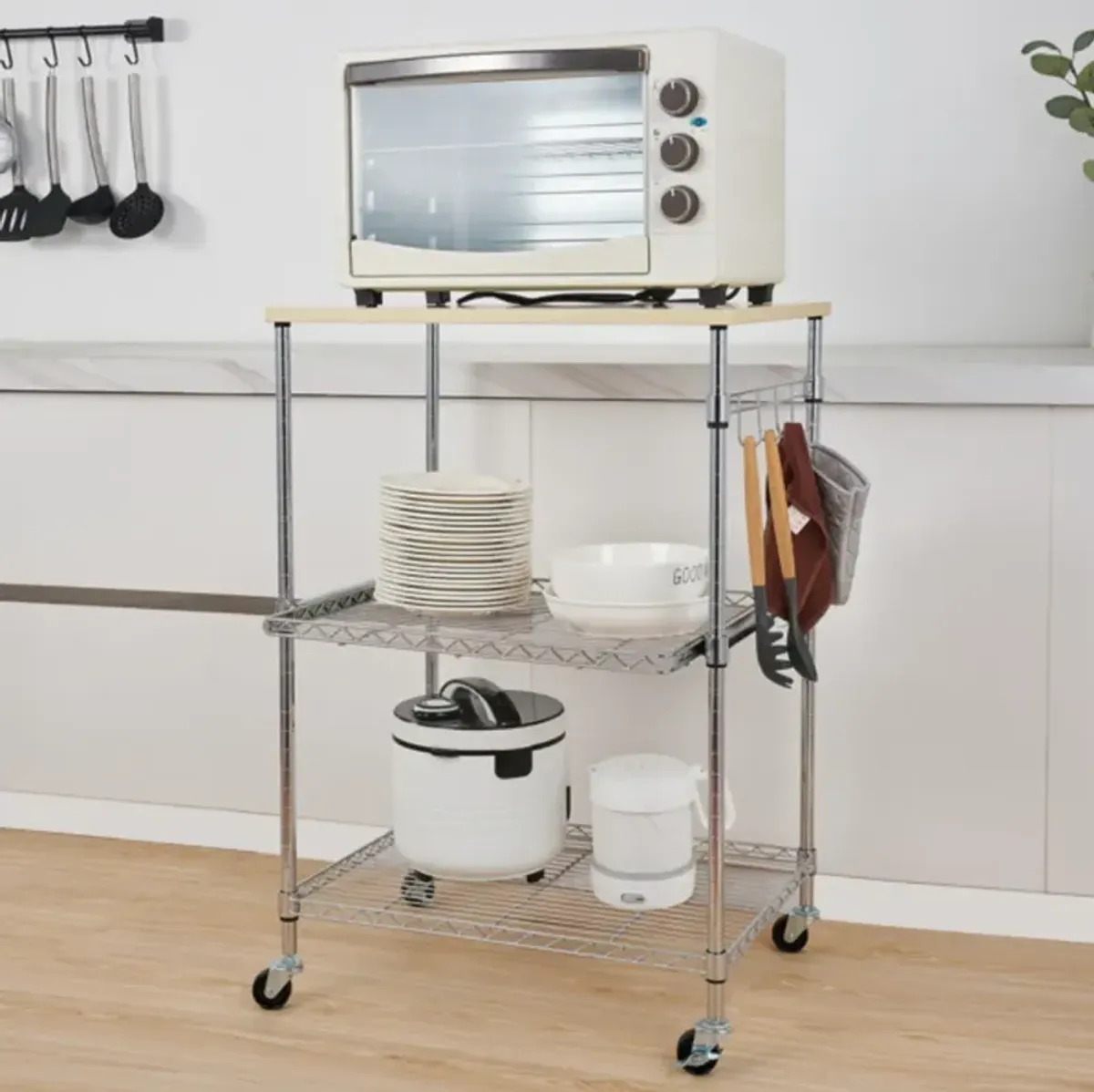 3-Tier Rolling Wire Kitchen Cart, Utility Storage with Wheels