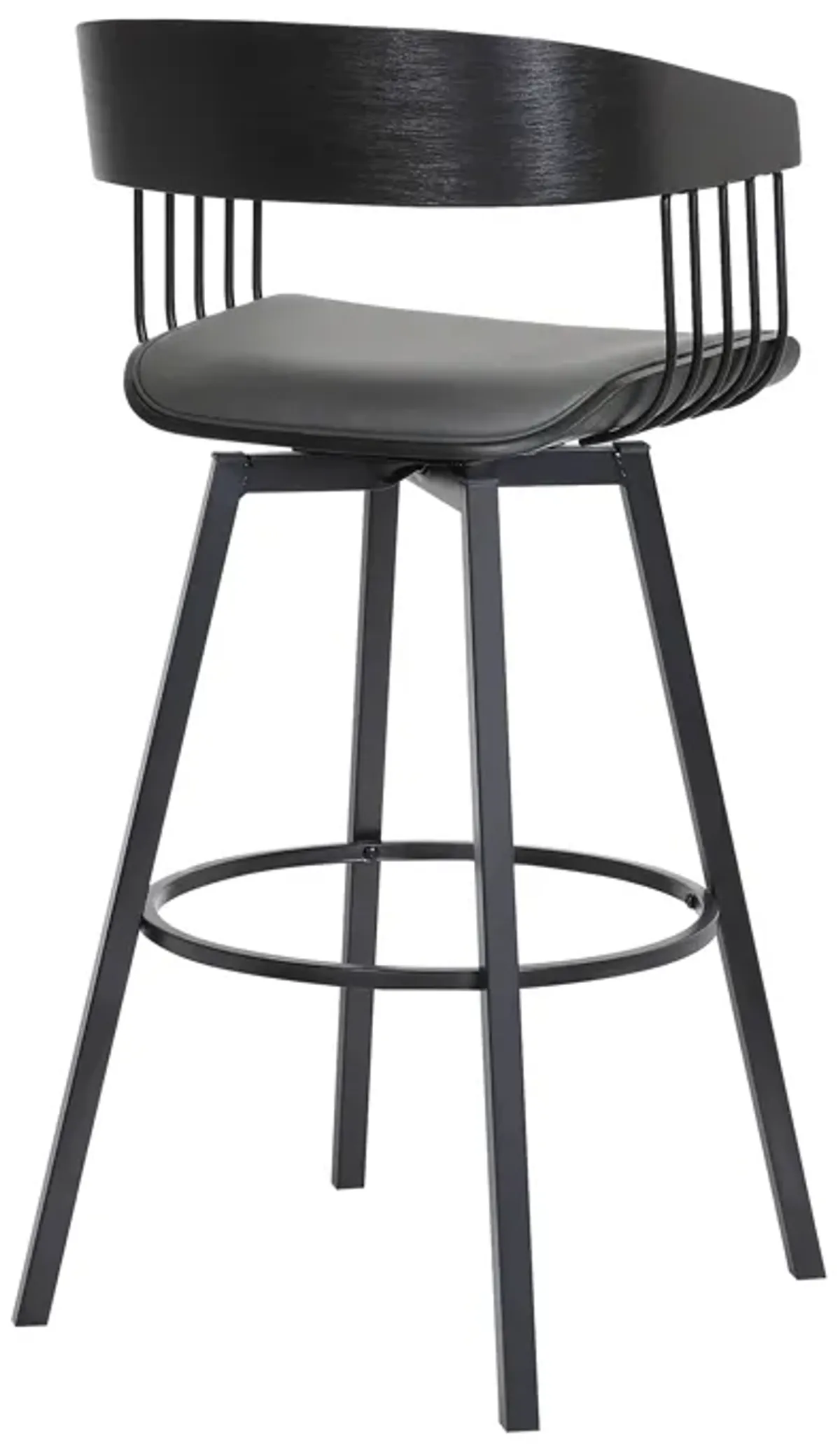 Athena Swivel Black Wood Counter Stool in Grey Faux Leather with Black Metal